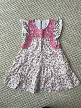 Pink Floral Tiered Girls' Dress with Embroidered Yoke